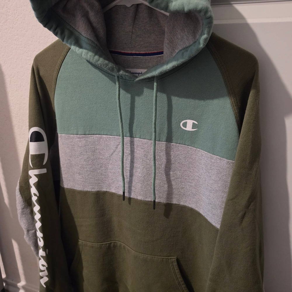 Champion Mens Colorblock Raglan Hoodie Green Grey Seafoam M Medium Pullover